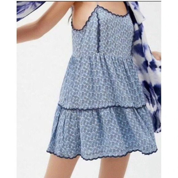 Urban Outfitters S Hanna Mini Babydoll Dress Tiered Blue Floral Cottage Core - Picture 2 of 11